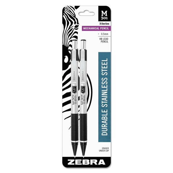 Zebra Pen M-301 Mechanical Pencil, 0.5 mm, HB (#2.5), Black Lead, Steel/Black Accents Barrel, 2PK 54012